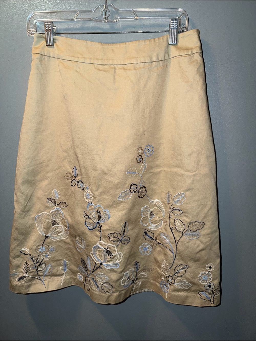 Covington Cream A-Line Skirt with Blue and Brown Floral Embroidery